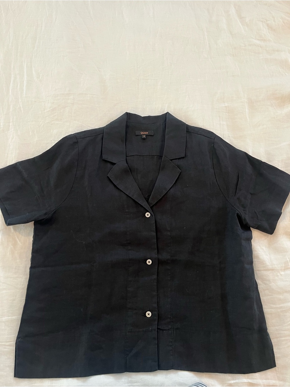 Quince Linen Black Short Sleeve Button-Front Camp Collar Top